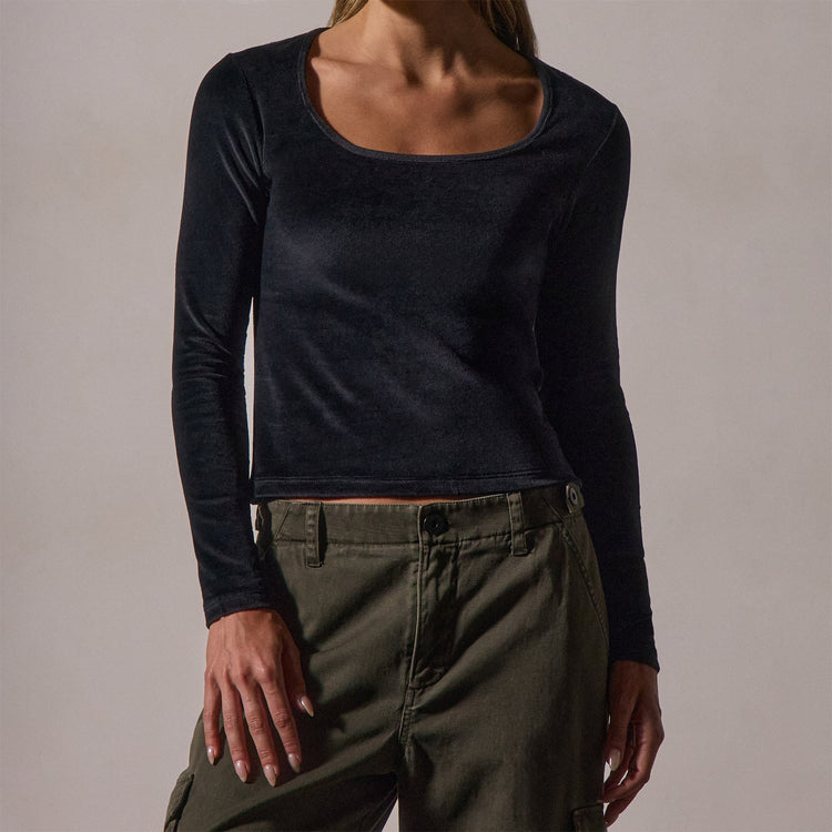 Square Neck Long Sleeve Velvet Top in Black | James Perse Los Angeles