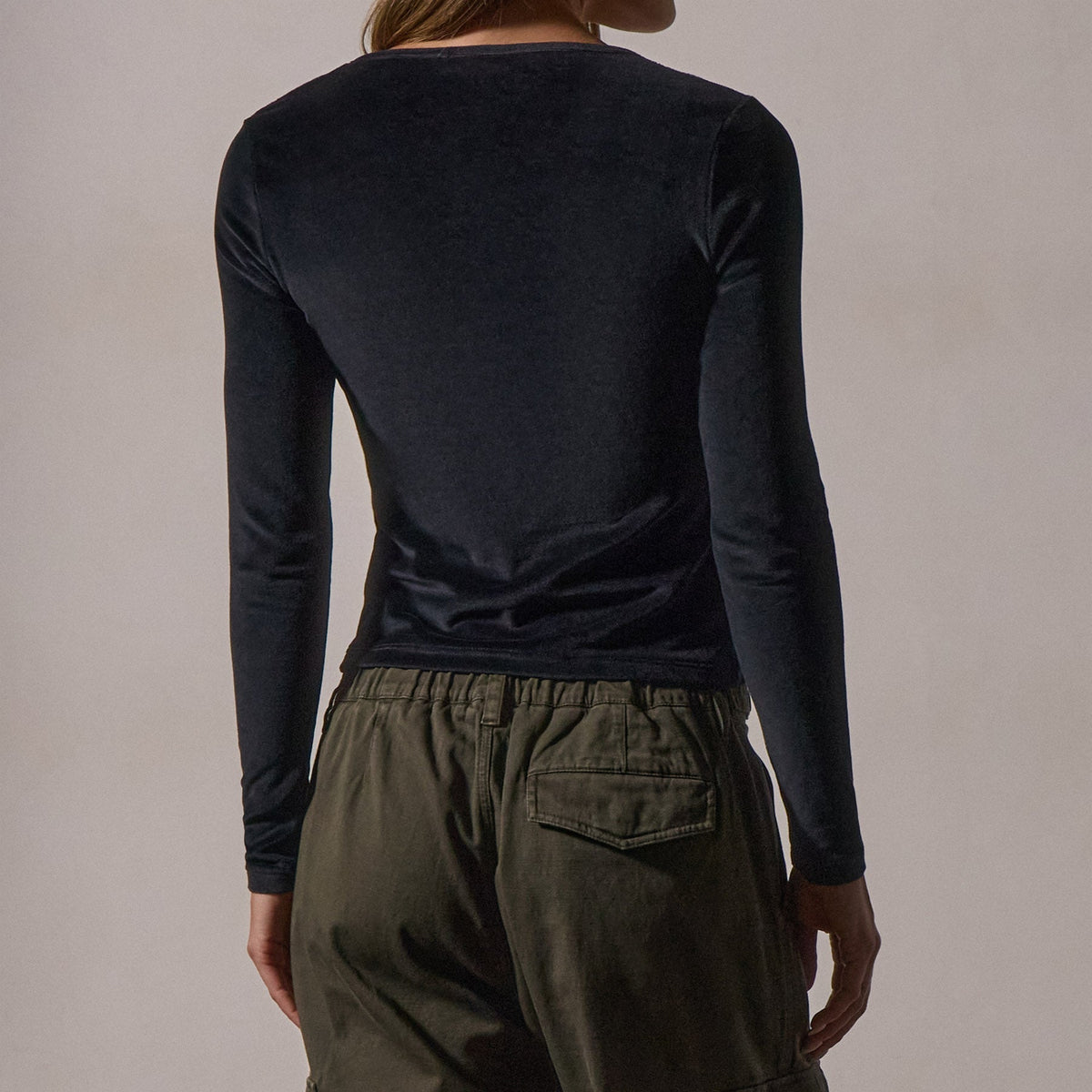 Square Neck Long Sleeve Velvet Top in Black | James Perse Los Angeles