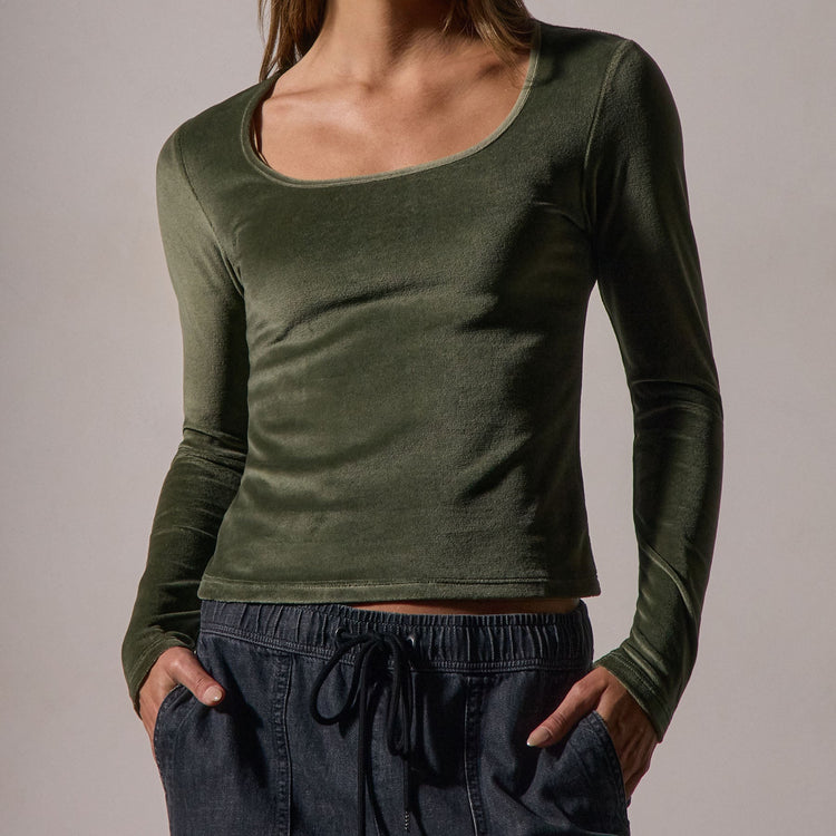 Square Neck Long Sleeve Velvet Top in Palm | James Perse Los Angeles