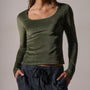 Square Neck Long Sleeve Velvet Top in Palm | James Perse Los Angeles