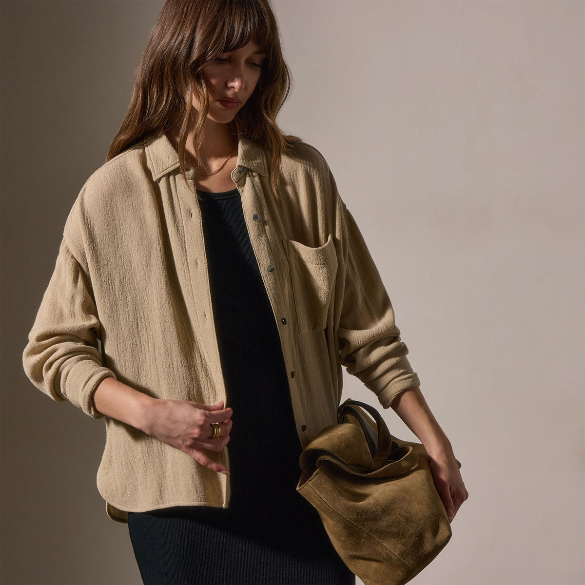 Relaxed Wool Blend Shirt in Biscuit | James Perse Los Angeles