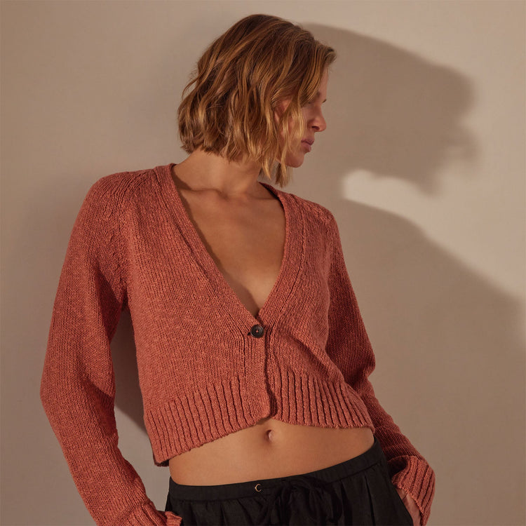 Cotton Linen Cropped Cardigan in Adobe | James Perse Los Angeles