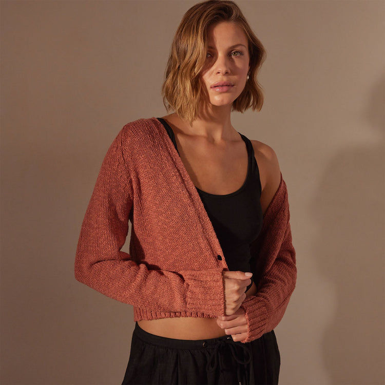 Cotton Linen Cropped Cardigan in Adobe | James Perse Los Angeles