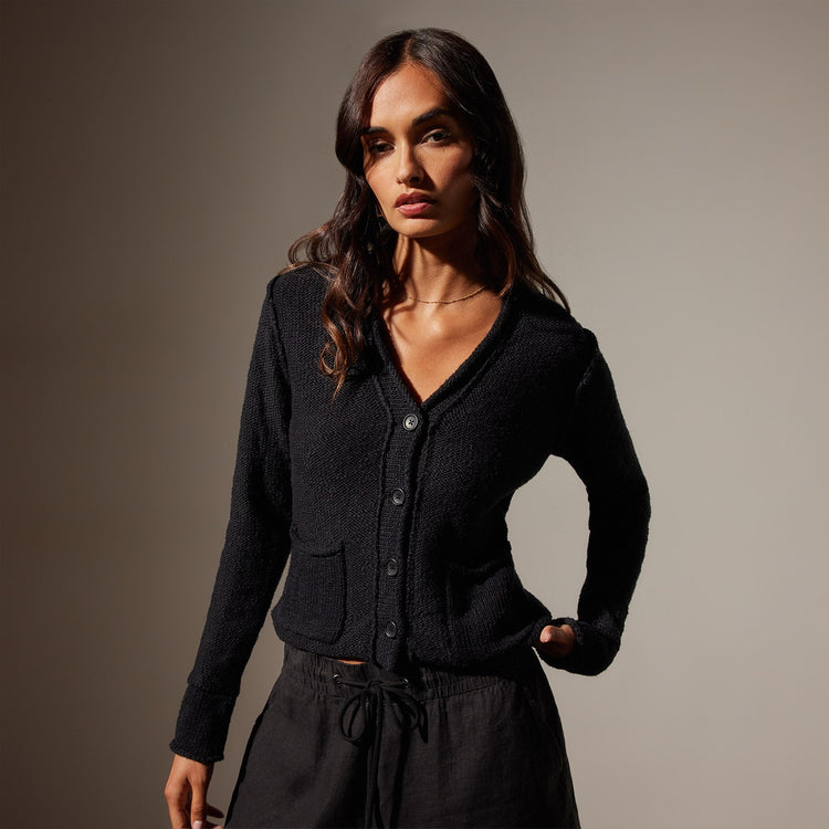 Cotton Linen Button Cardigan in Black | James Perse Los Angeles