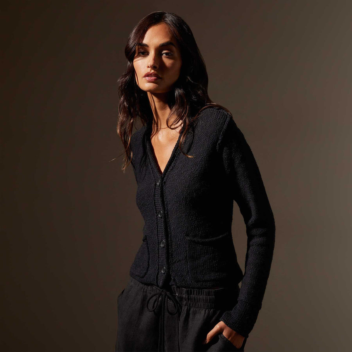 Cotton Linen Button Cardigan in Black | James Perse Los Angeles