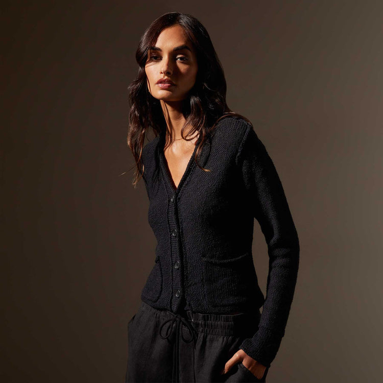 Cotton Linen Button Cardigan in Black | James Perse Los Angeles