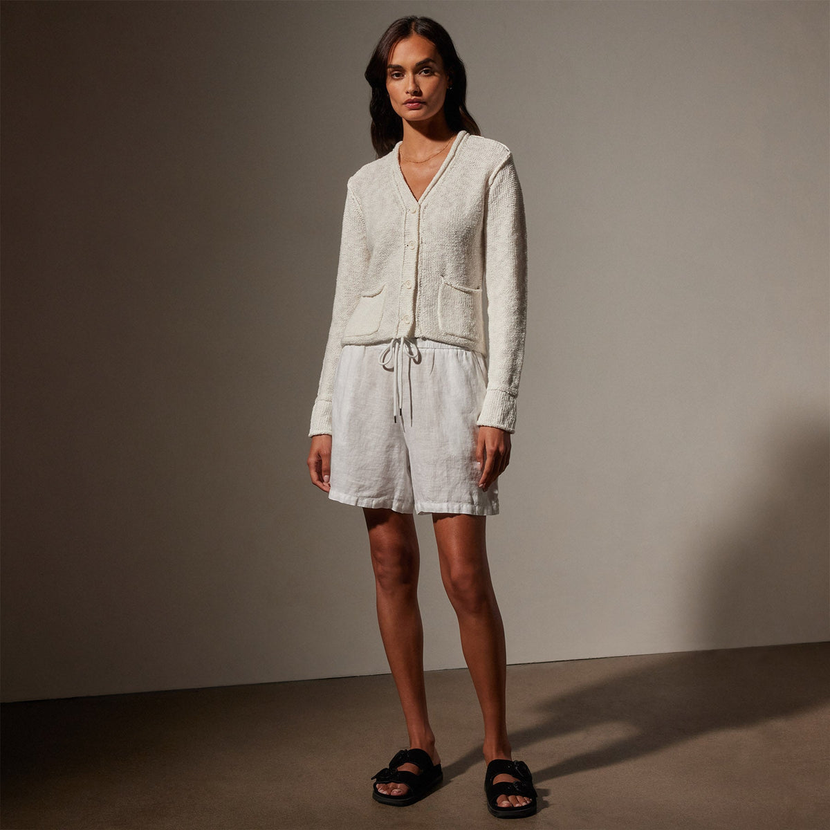 Cotton Linen Button Cardigan in White | James Perse Los Angeles