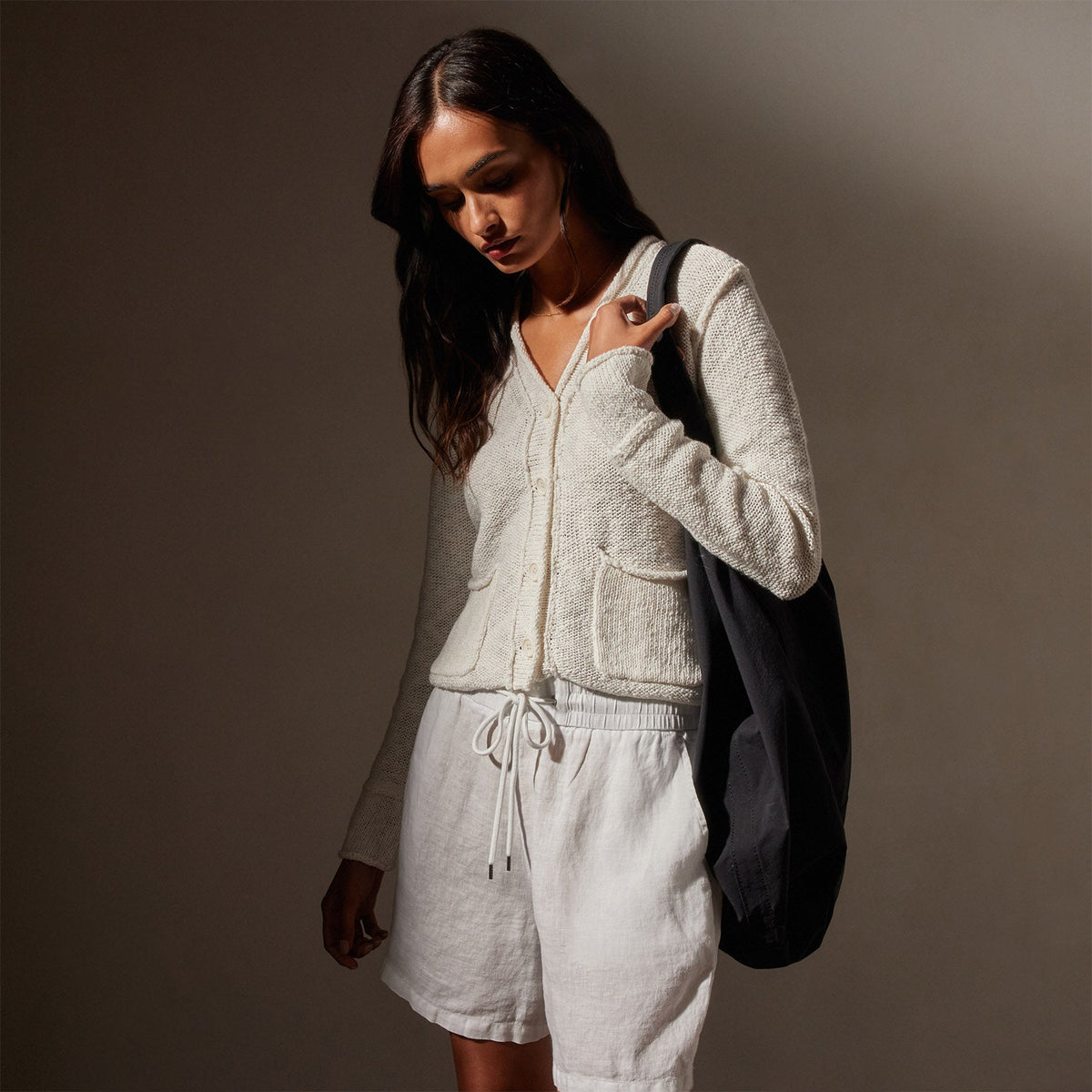 Cotton Linen Button Cardigan in White | James Perse Los Angeles