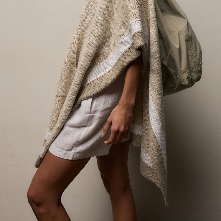 Cotton Linen Knit Hooded Poncho in Natural/White/Taupe | James Perse Los Angeles