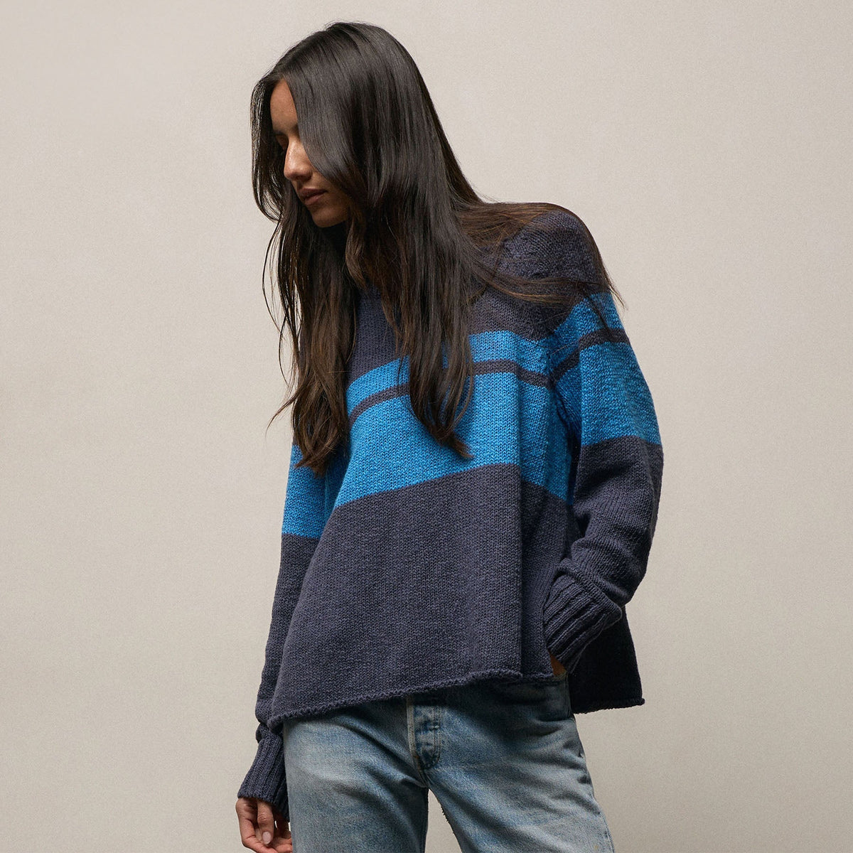 Surf Stripe Cotton Linen Sweater in Faded Navy/Santorini | James Perse Los Angeles