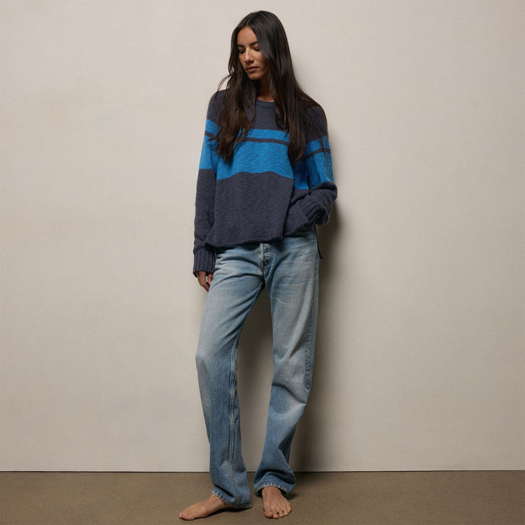 Surf Stripe Cotton Linen Sweater in Faded Navy/Santorini | James Perse Los Angeles