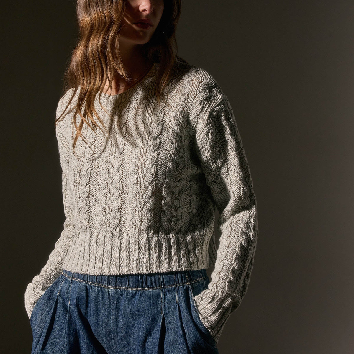 Cotton Linen Cable Knt Sweater in Foam | James Perse Los Angeles