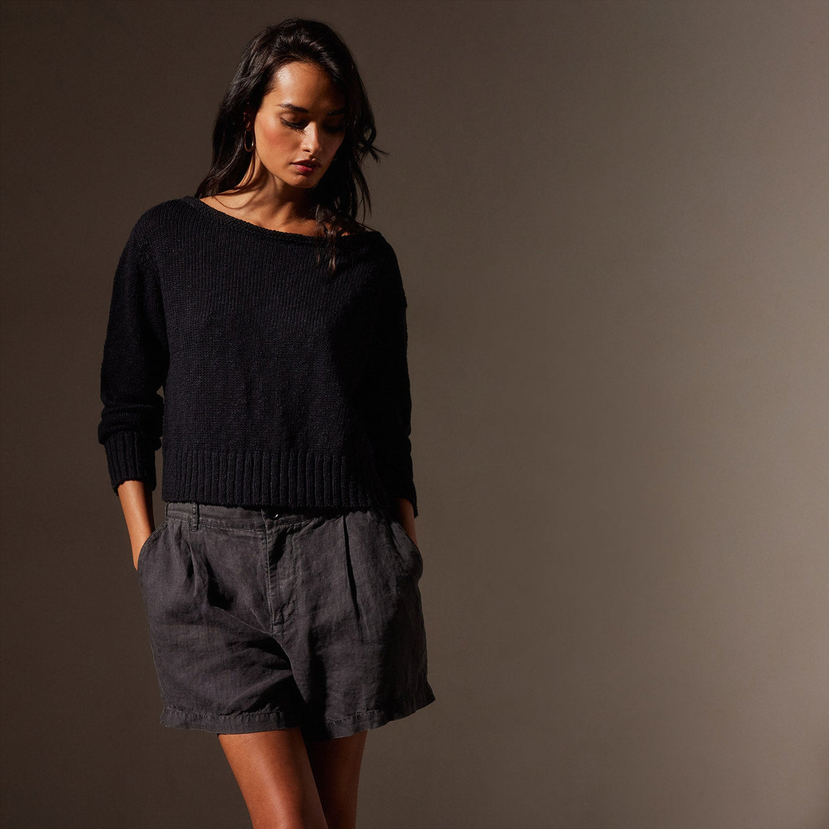 Cotton Linen Boatneck Sweater in Black | James Perse Los Angeles