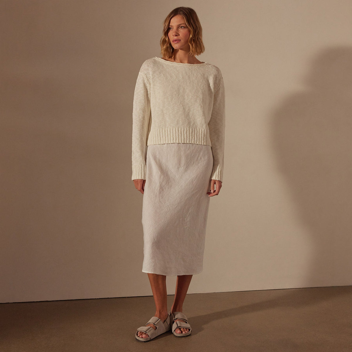 Cotton Linen Boatneck Sweater in White | James Perse Los Angeles