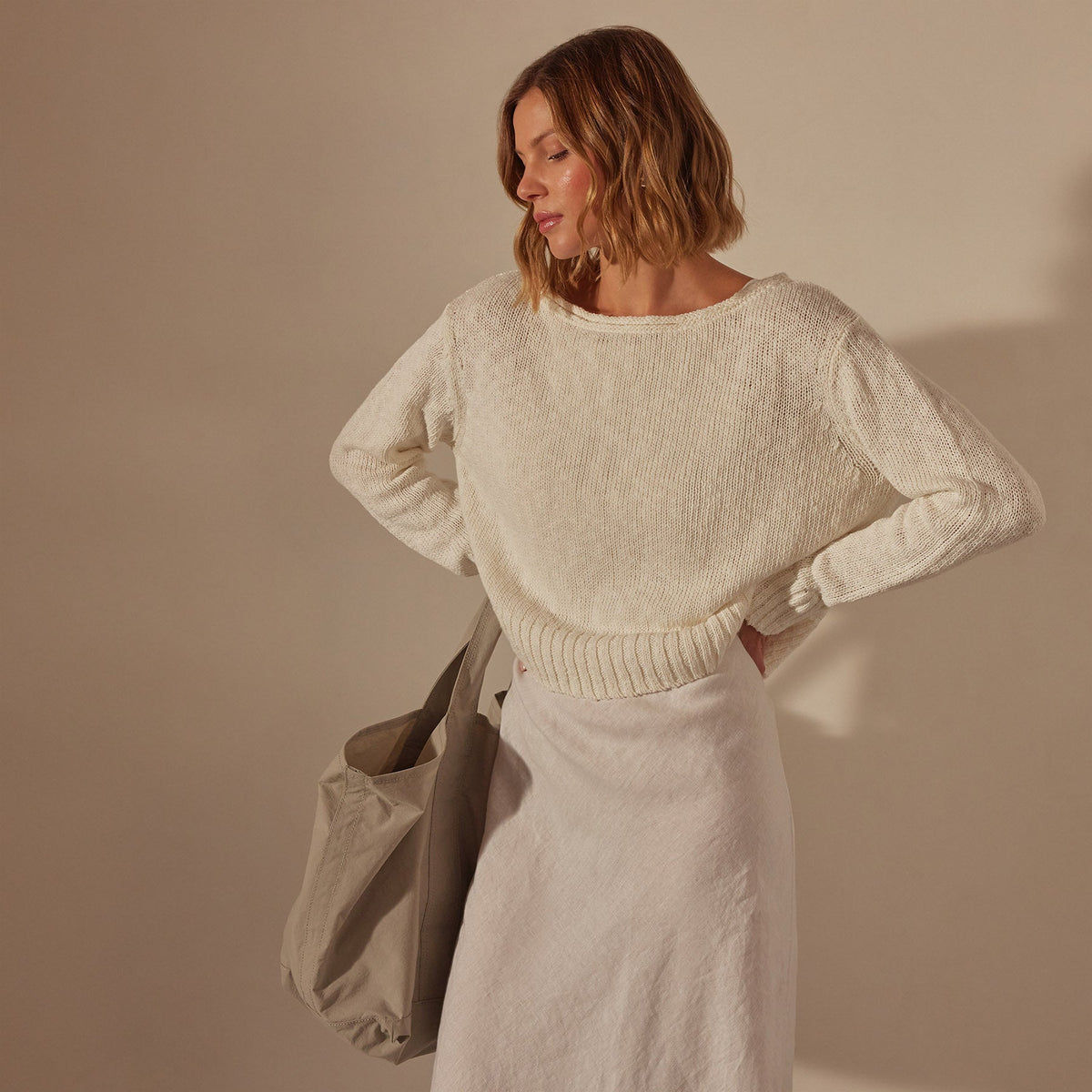 Cotton Linen Boatneck Sweater in White | James Perse Los Angeles