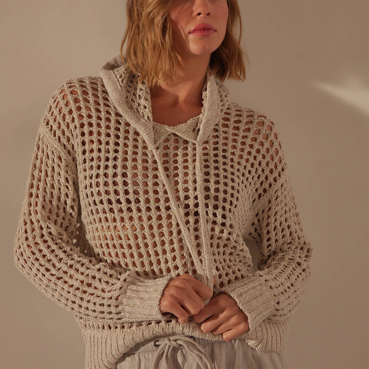 Cotton Linen Open Hoodie in Natural | James Perse Los Angeles
