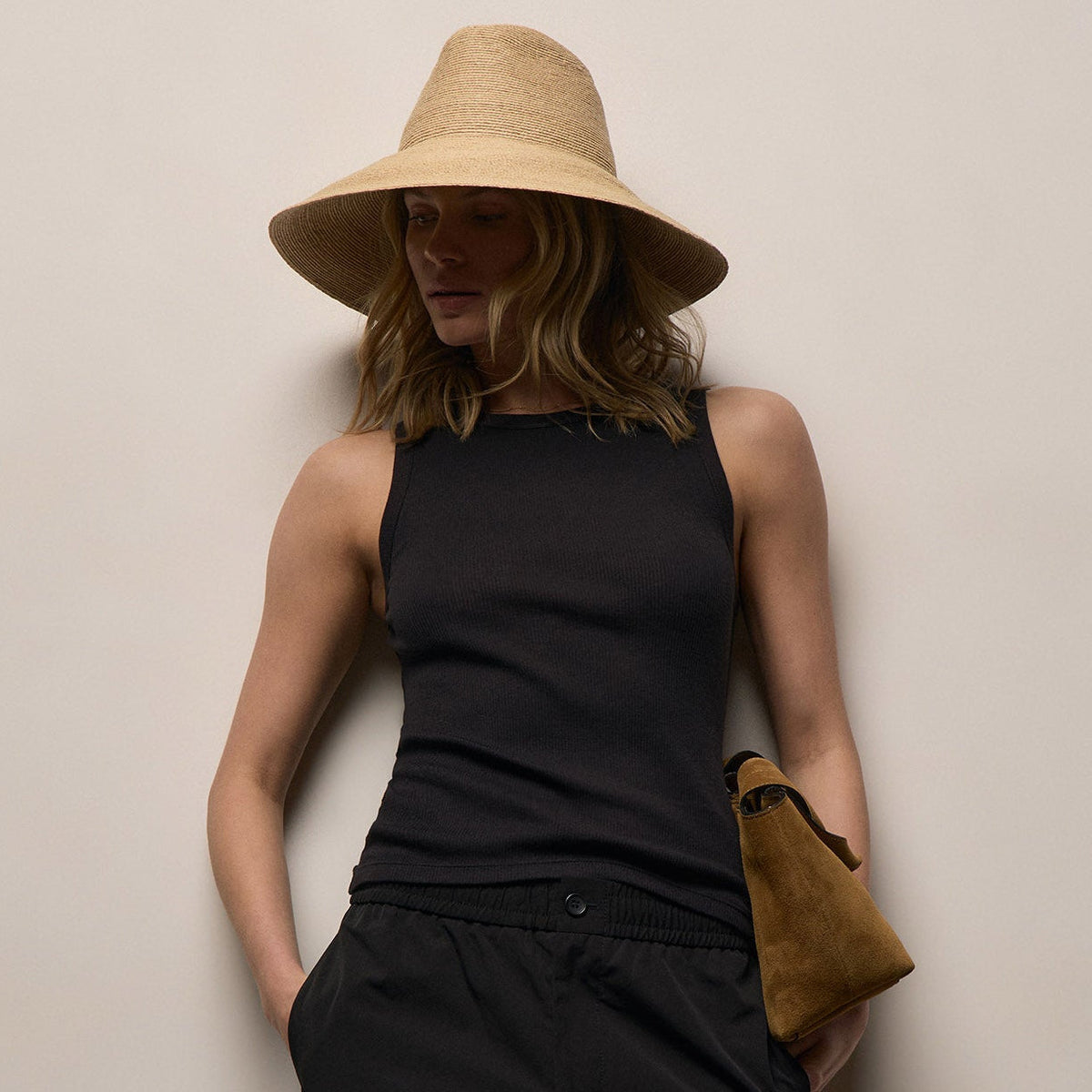 Cotton Gauze Ribbed Tank - Black
