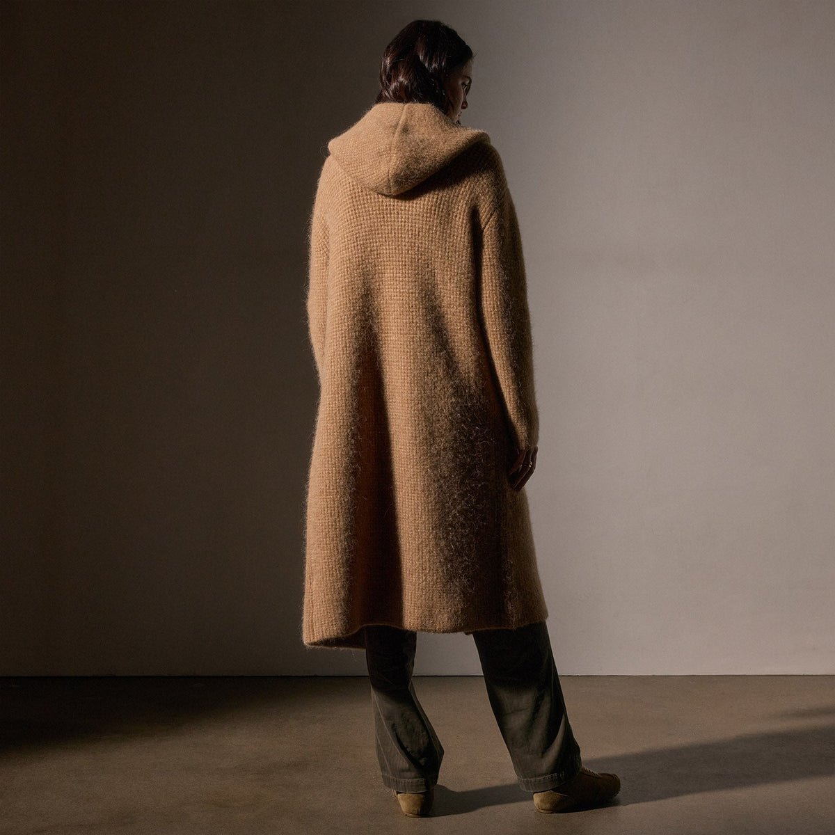 Chunky Waffle Knit Hooded Coat  in Camel | James Perse Los Angeles