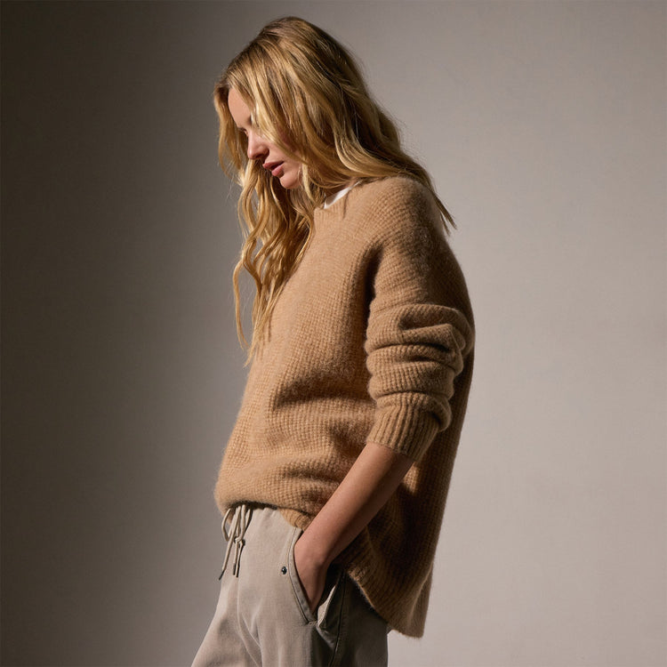 Oversized Waffle Knit Crew in Camel | James Perse Los Angeles