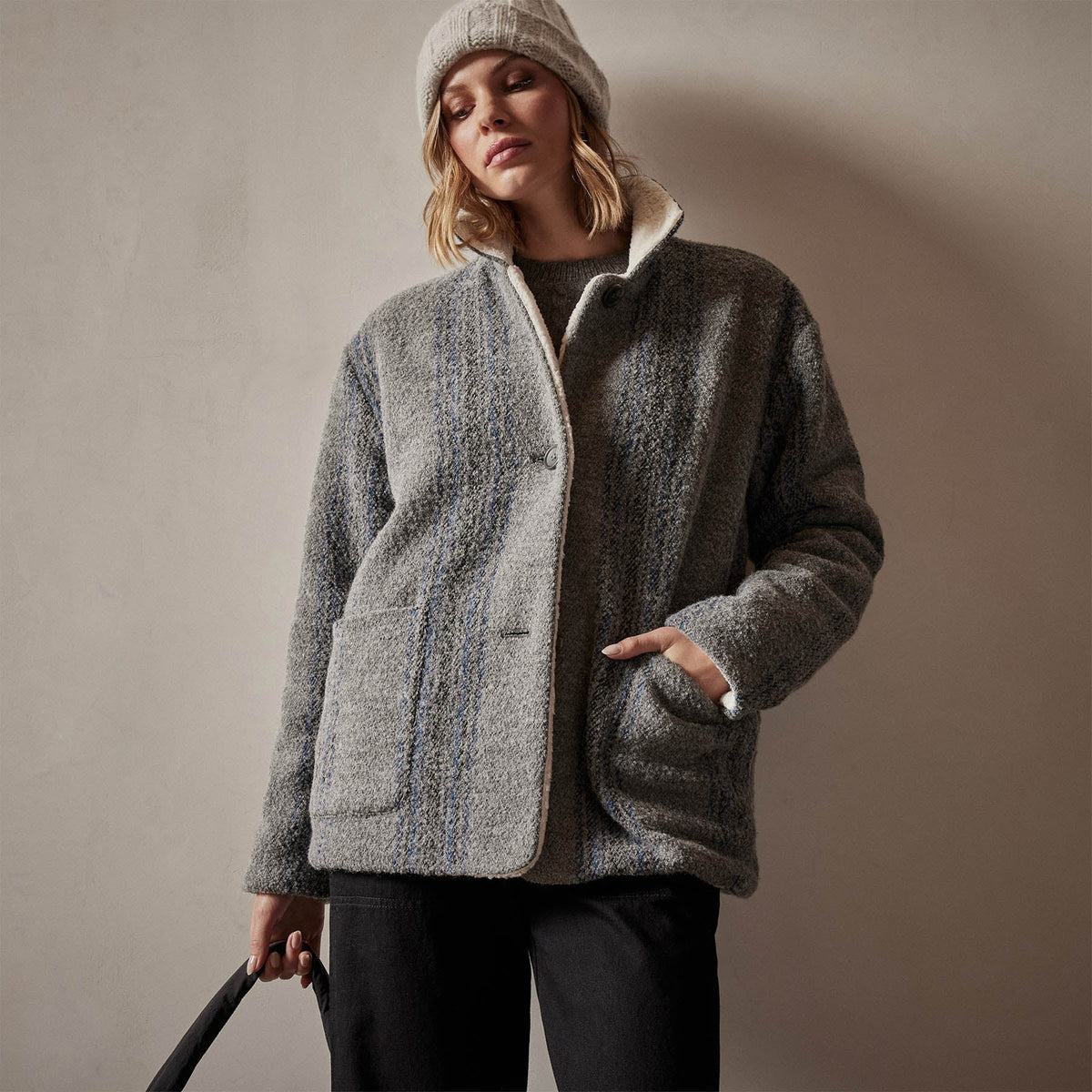 Sherpa Lined Baja Jacket in Heather Grey Stripe | James Perse Los Angeles