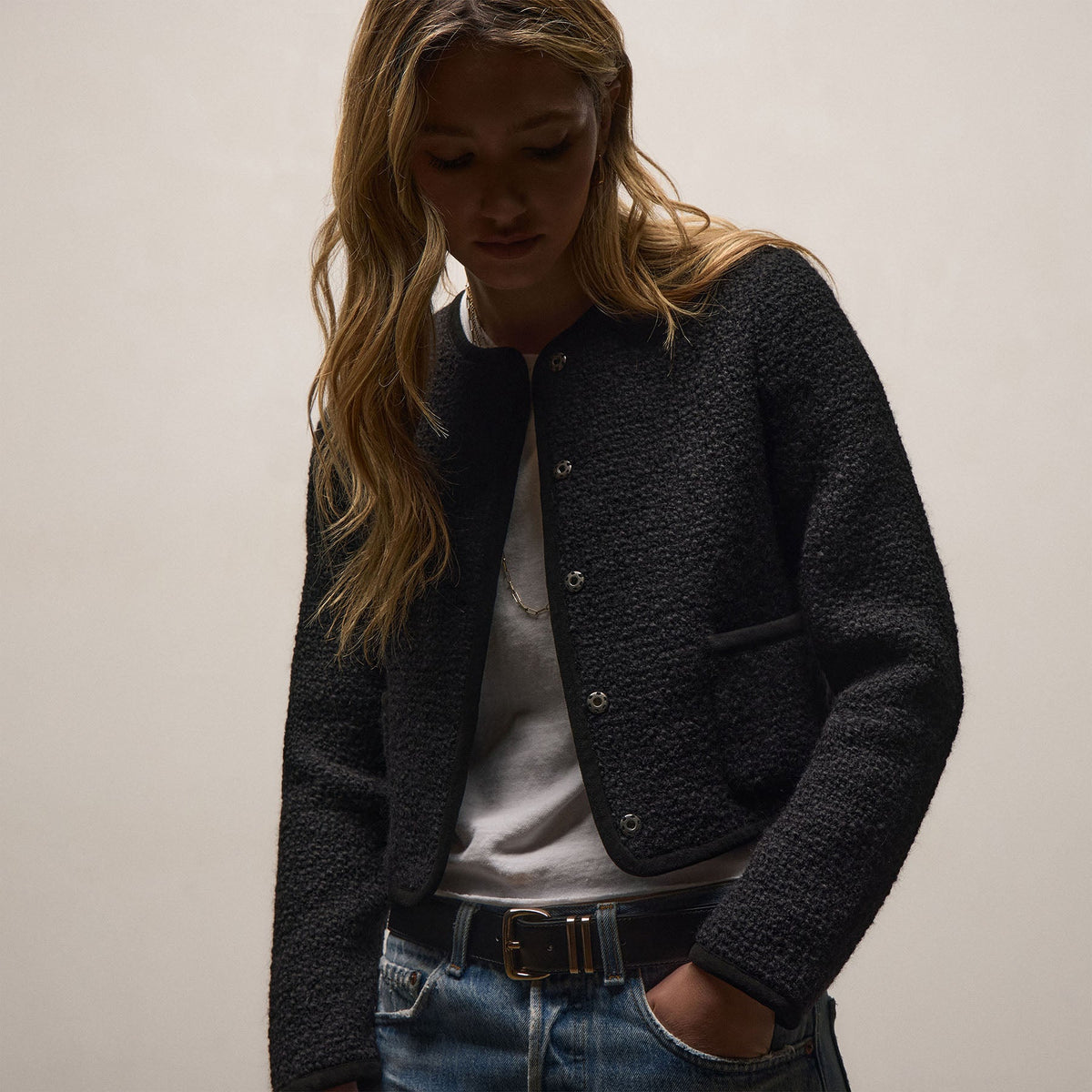 Wool Boucle Button Front Jacket In Black | James Perse Los Angeles
