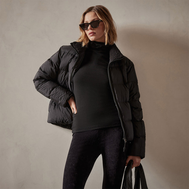 Side Stripe Puffer Jacket in Black/Black | James Perse Los Angeles