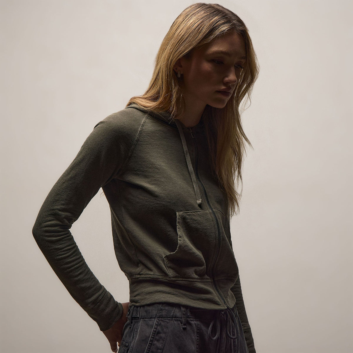 Vintage French Terry Zip Up Hoodie in Army Green Pigment | James Perse Los Angeles