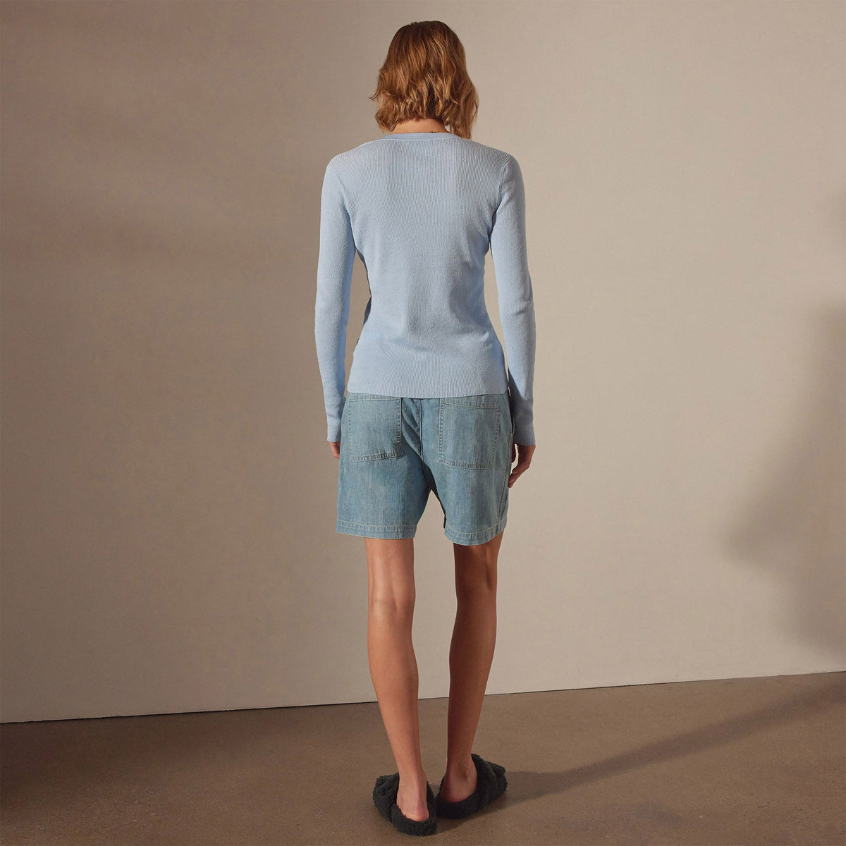 Stretch Linen Ribbed Cardigan in Bleached Blue | James Perse Los Angeles