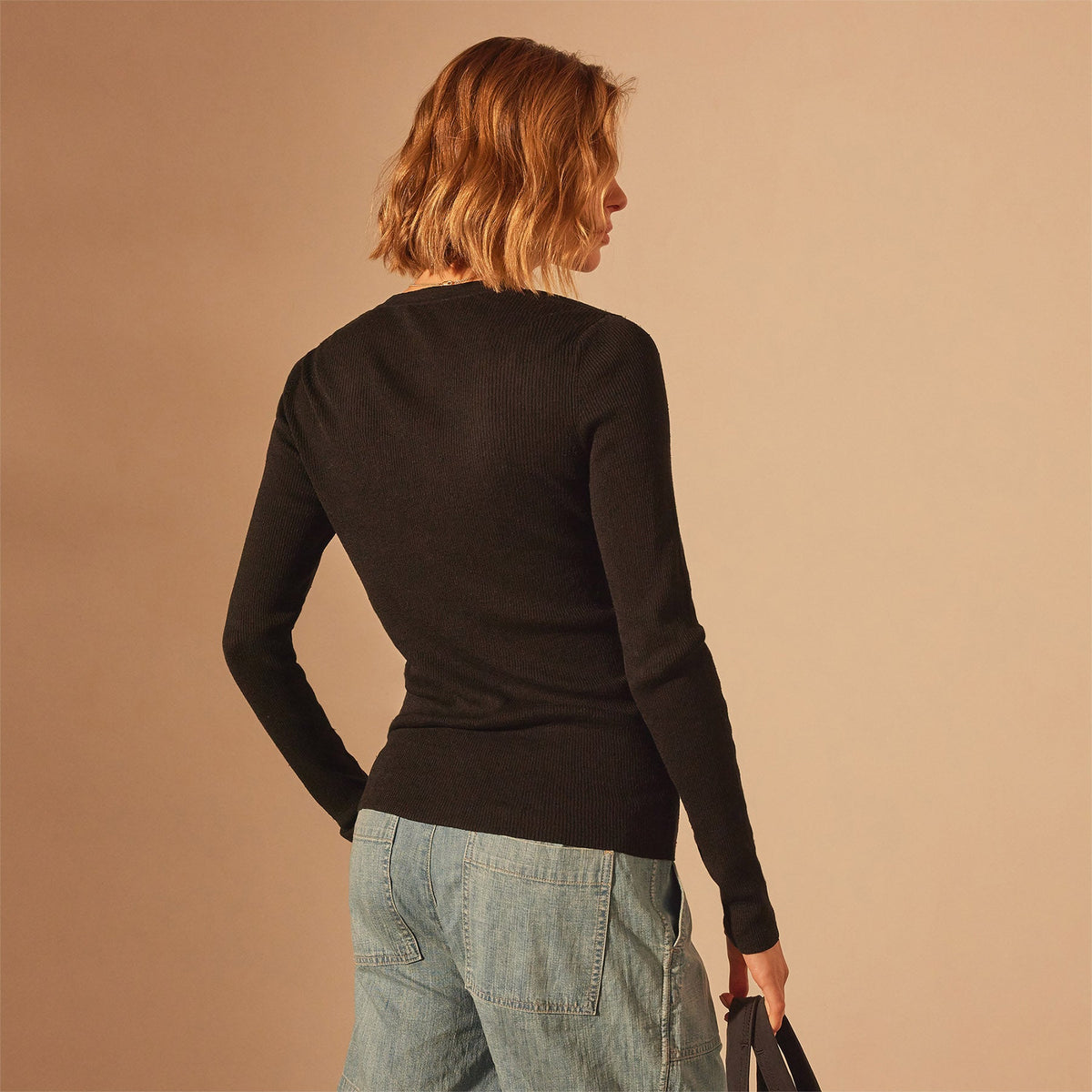 Stretch Linen Ribbed Cardigan in Black | James Perse Los Angeles