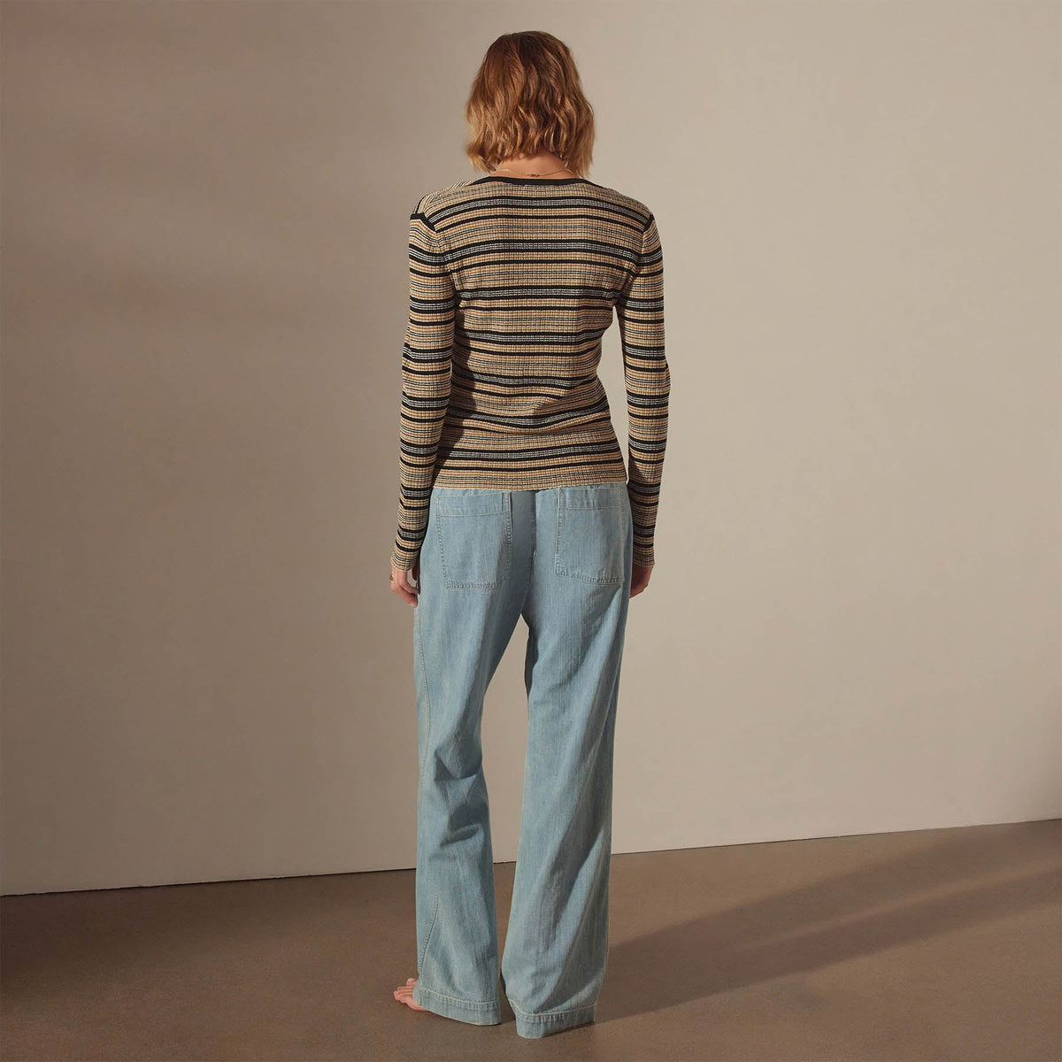 Stretch Linen Ribbed VinNeck in Black Stripe | James Perse Los Angeles