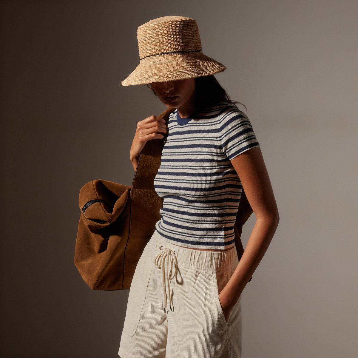 Stretch Linen Ribbed Tee in Canvas/Navy Stripe | James Perse Los Angeles
