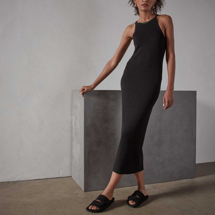 Cut Away Stretch Linen Rib Tank Dress - Black | James Perse Los Angeles