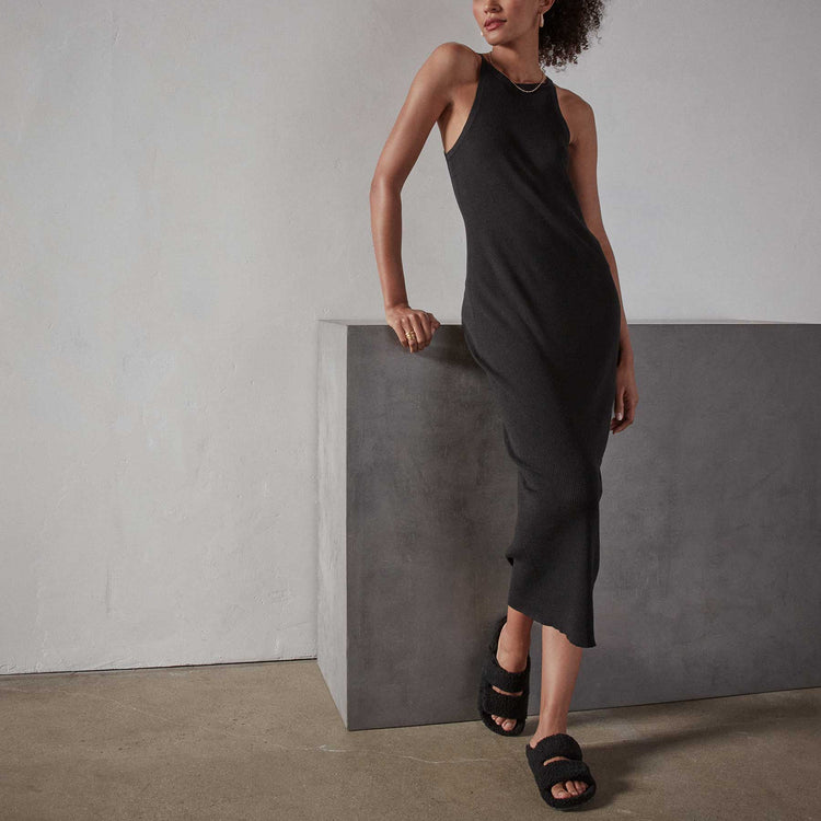 Cut Away Stretch Linen Rib Tank Dress - Black | James Perse Los Angeles