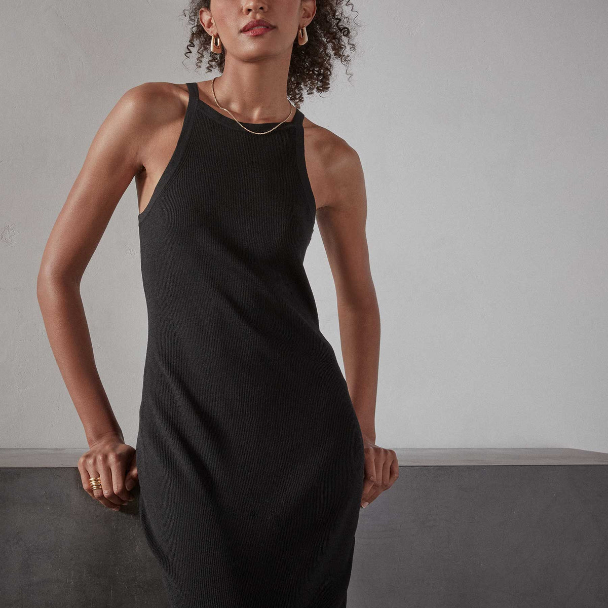 Cut Away Stretch Linen Rib Tank Dress - Black | James Perse Los Angeles