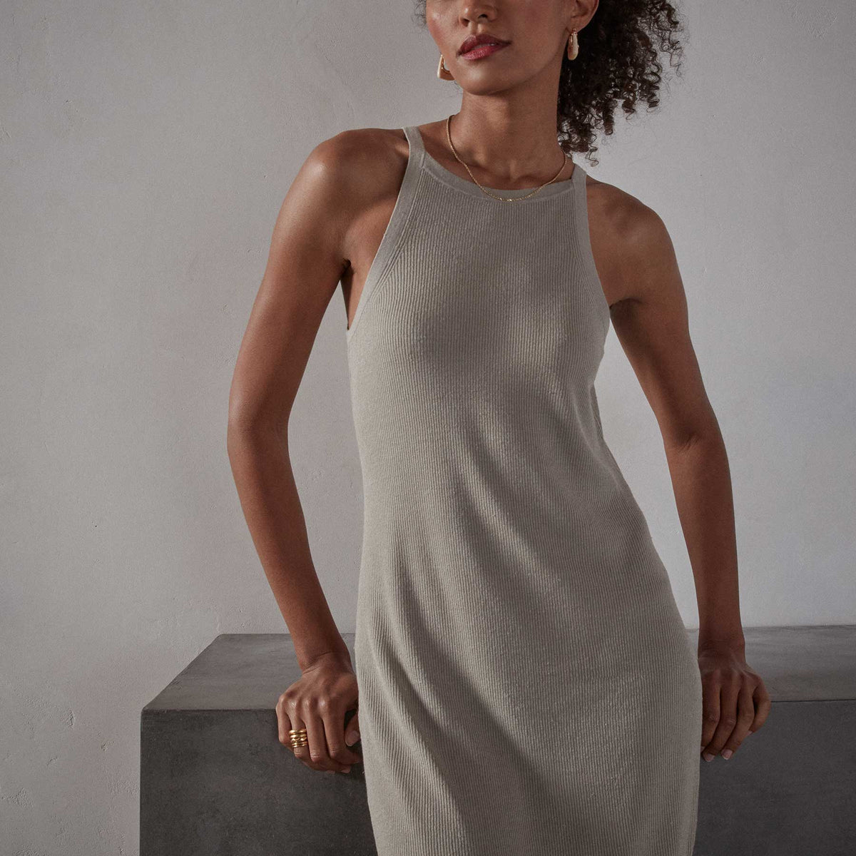 Cut Away Stretch Linen Rib Tank Dress - Mineral | James Perse Los Angeles
