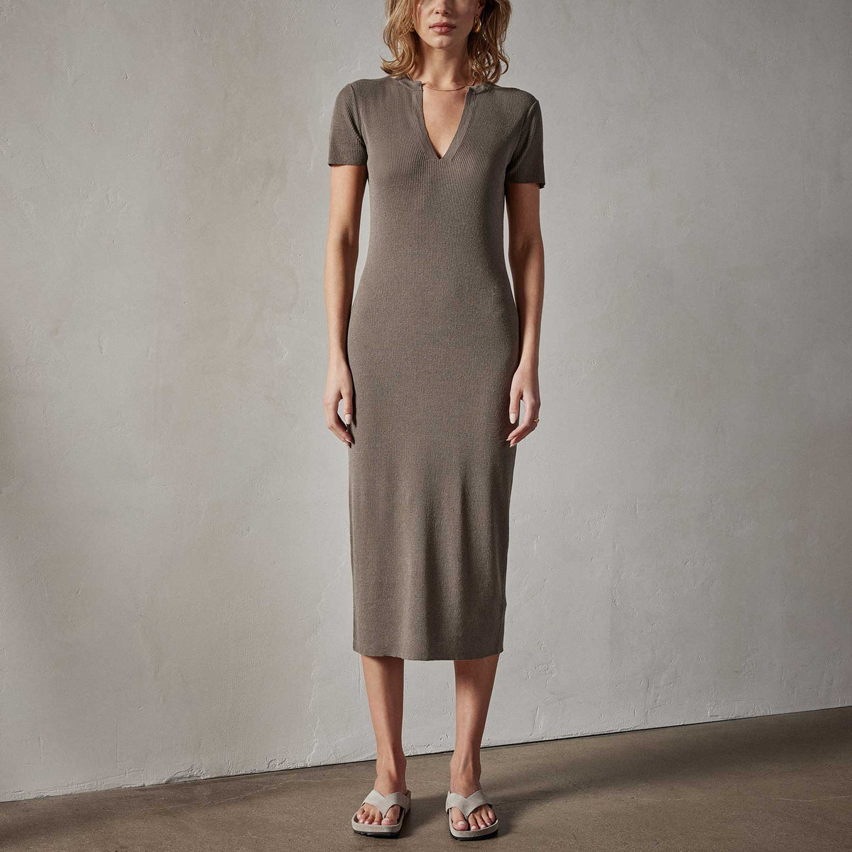 Split Front Knit Dress in River Rock | James Perse Los Angeles 