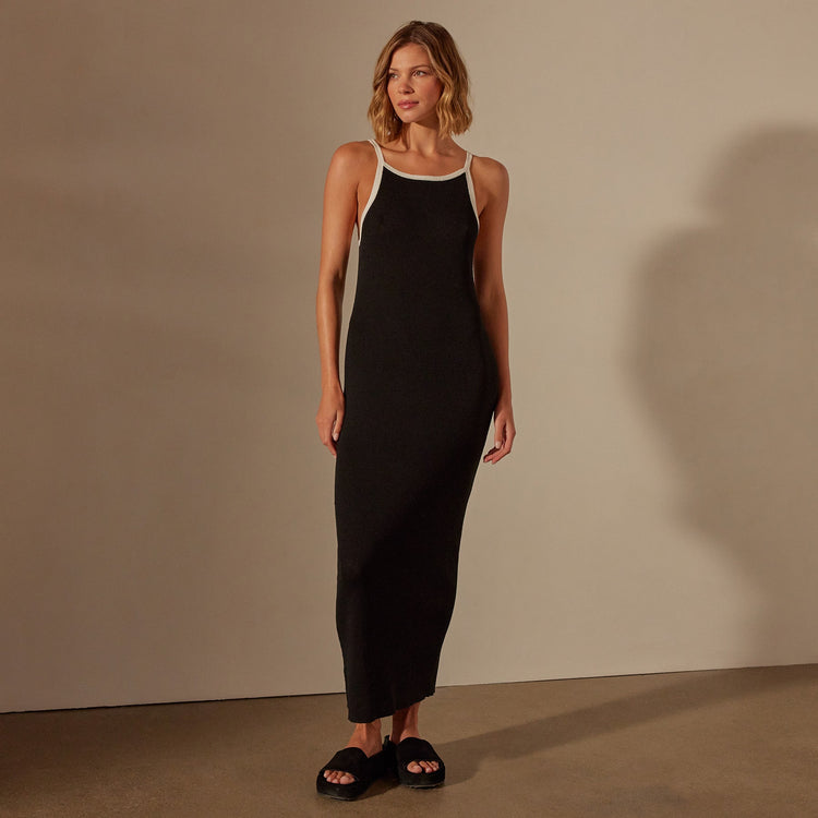 Stretch Linen Ribbed Dress in Black/White | James Perse Los Angeles