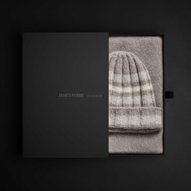 Cashmere Striped Beanie & Scarf Set in Silver Wheat/Mist/Ivory | James Perse Los Angeles