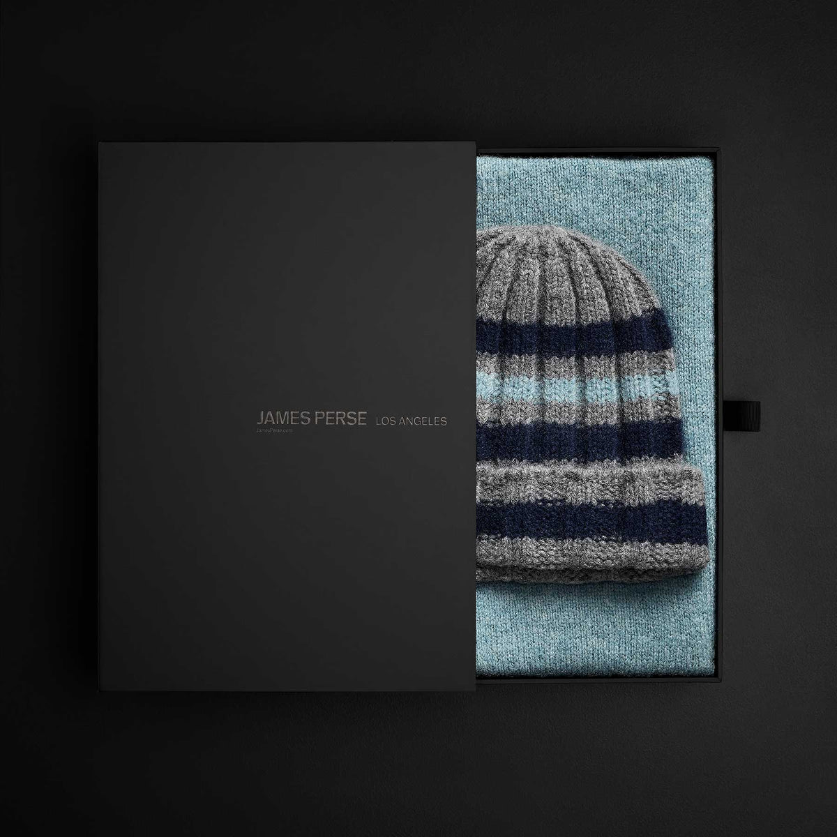 Cashmere Striped Beanie & Scarf Set in Thunder/Deep Navy/Aqua| James Perse Los Angeles
