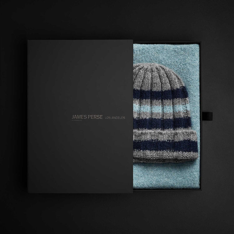 Cashmere Striped Beanie & Scarf Set in Thunder/Deep Navy/Aqua| James Perse Los Angeles