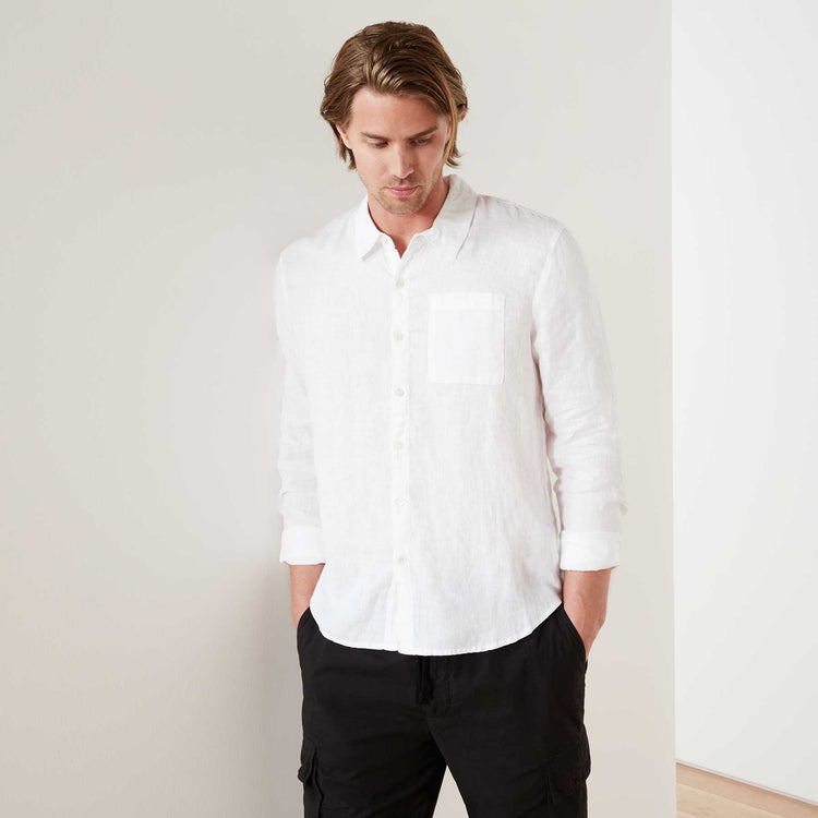 Long Sleeve Linen Pocket Shirt - White