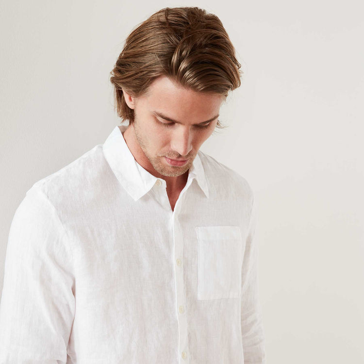 Long Sleeve Linen Pocket Shirt - White