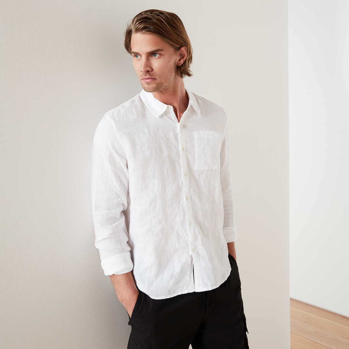 Long Sleeve Linen Pocket Shirt - White