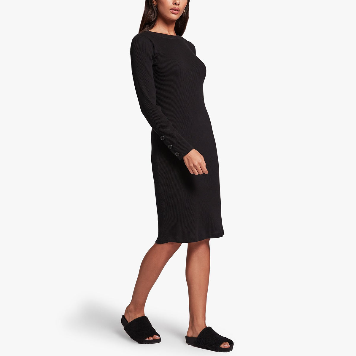 Ribbed Crew Neck Dress - Black